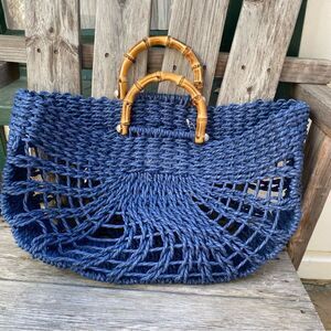 BTB Los Angeles Straw Blue Woven Tote Bag with Bamboo Handles
